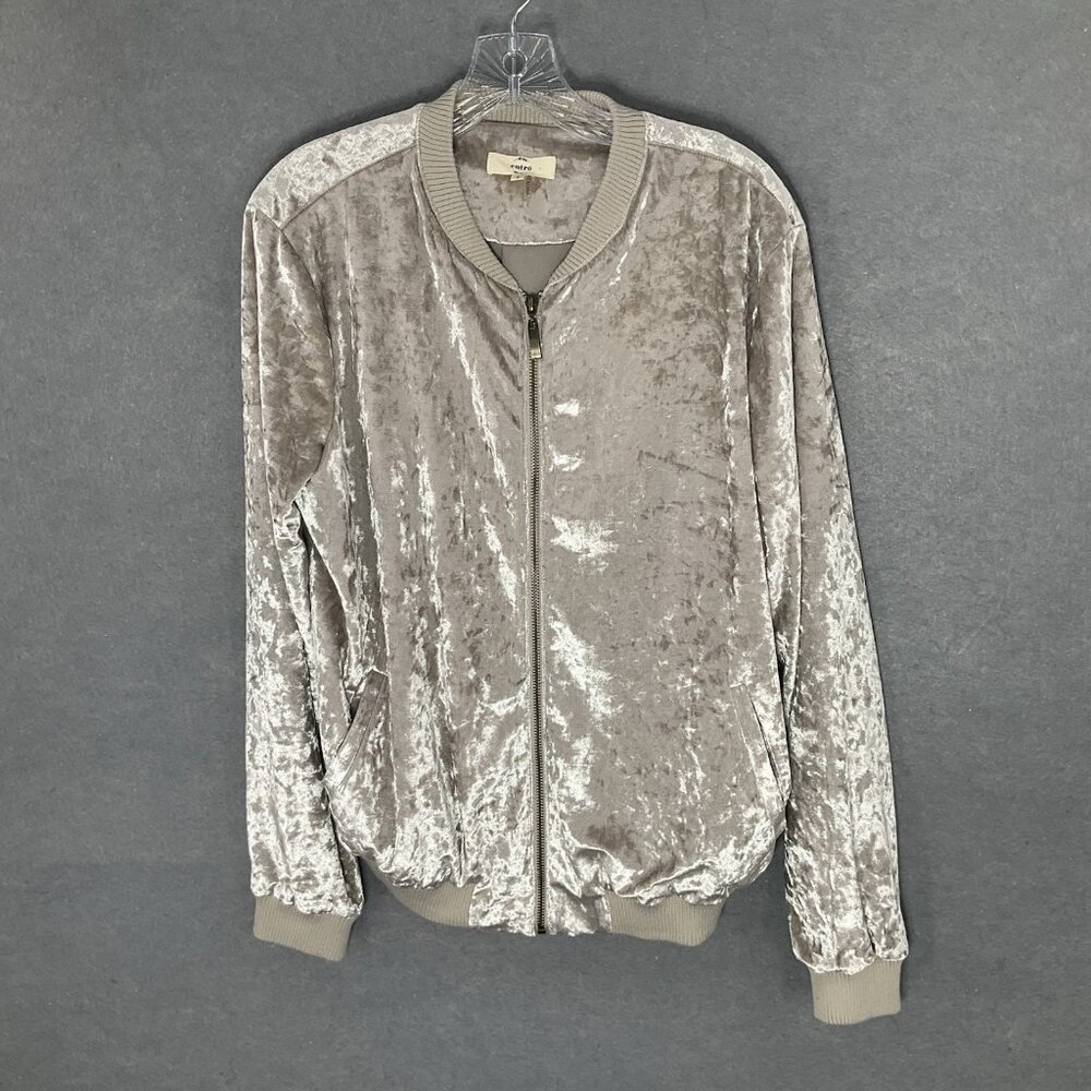 Entro Womens Sz S Light Gray Crushed Velvet Full Zipper Pockets Bomber Jacket